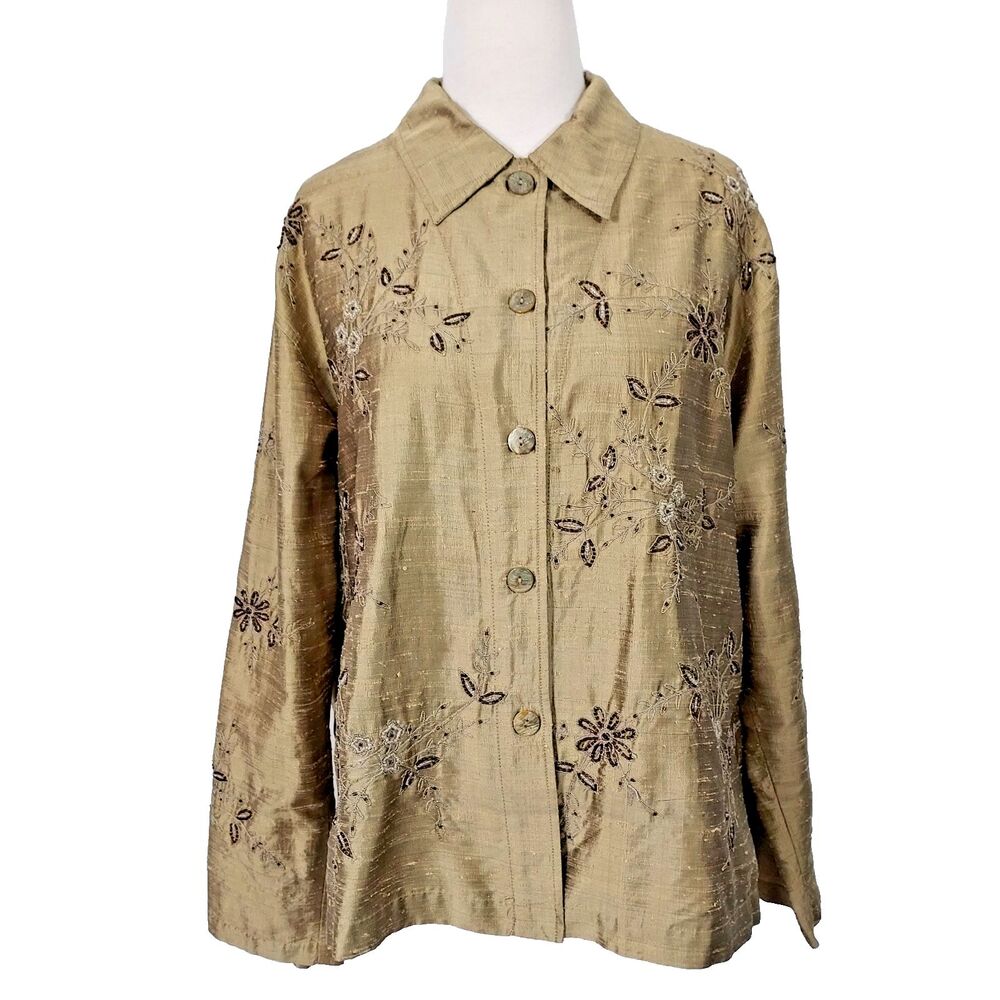 CHICO'S DESIGN Top Blouse Size 3 Raw Silk Floral Button Up Beaded Artsy Women XL